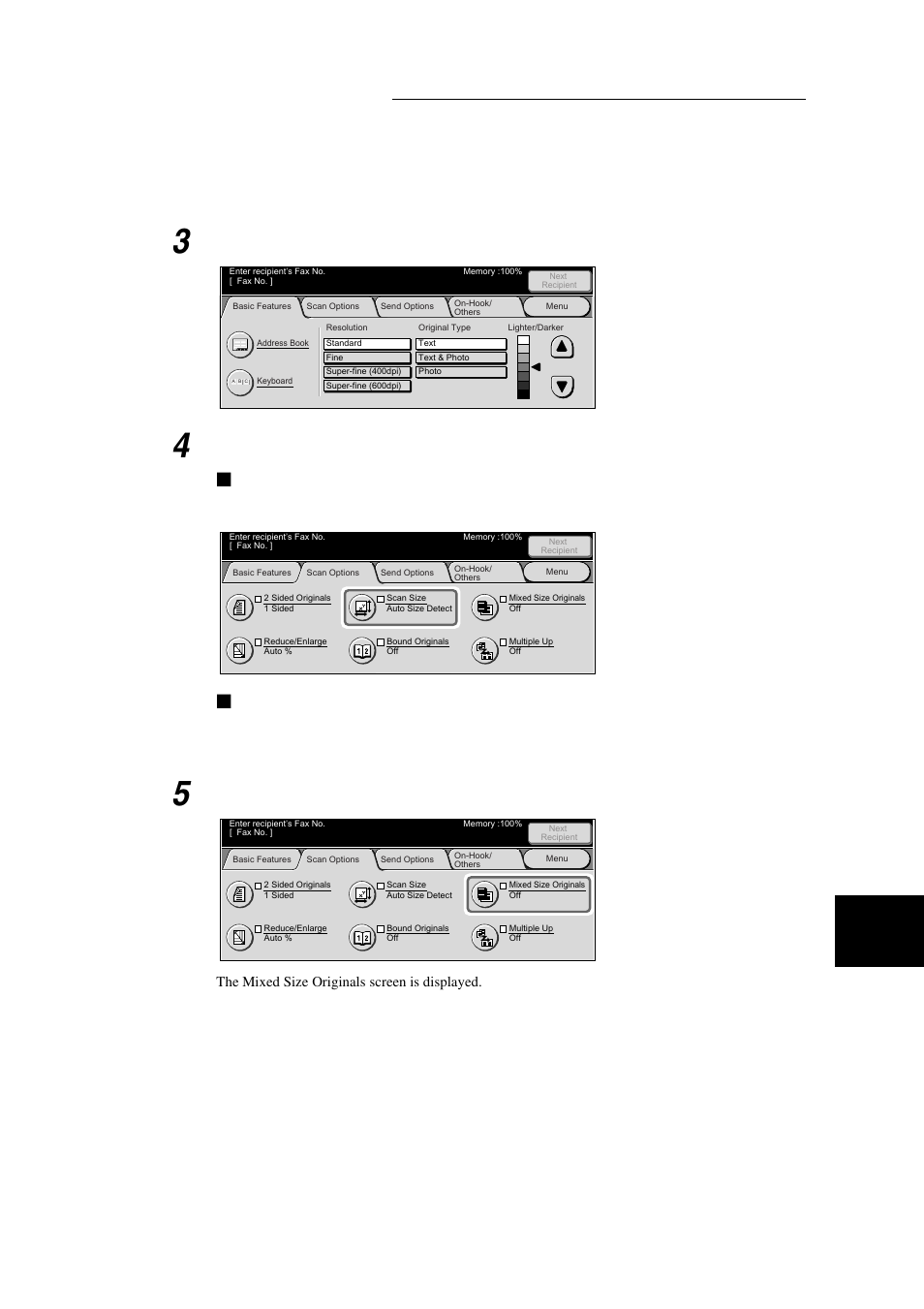 When auto size detect is displayed, Display the fax screen, Verify original size in the scan options screen | Go to step 5 | Xerox WorkCentre M24-3946 User Manual | Page 115 / 332