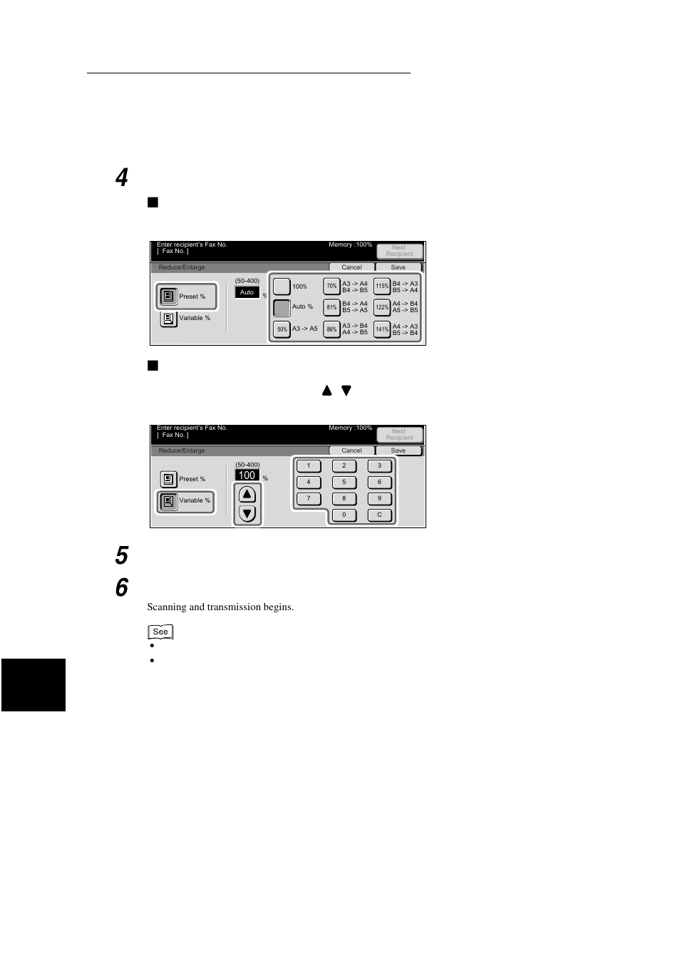 Using preset, Using variable, Select the desired scanning ratio | Select save, Dial a remote party, then press start | Xerox WorkCentre M24-3946 User Manual | Page 118 / 332