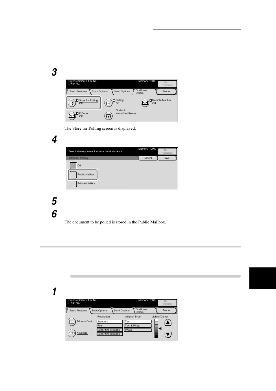 Checking documents to be polled, Procedure, Select public mailbox | Select save, Press start, Display the fax screen | Xerox WorkCentre M24-3946 User Manual | Page 137 / 332
