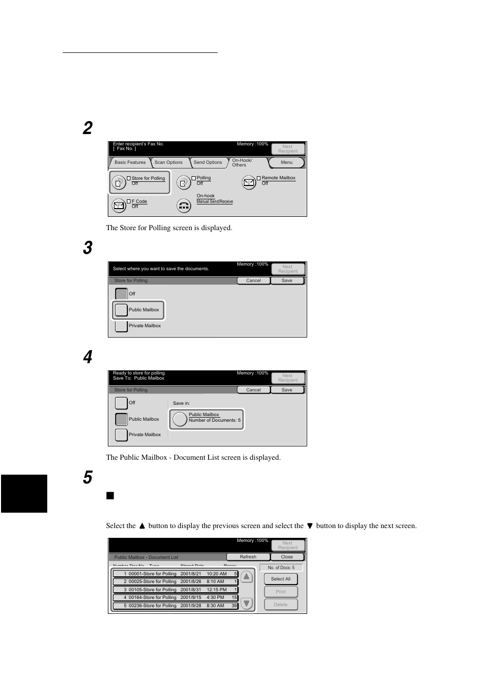 When checking a document, Select public mailbox, Select public mailbox in save in | Select a document, Check the document | Xerox WorkCentre M24-3946 User Manual | Page 138 / 332