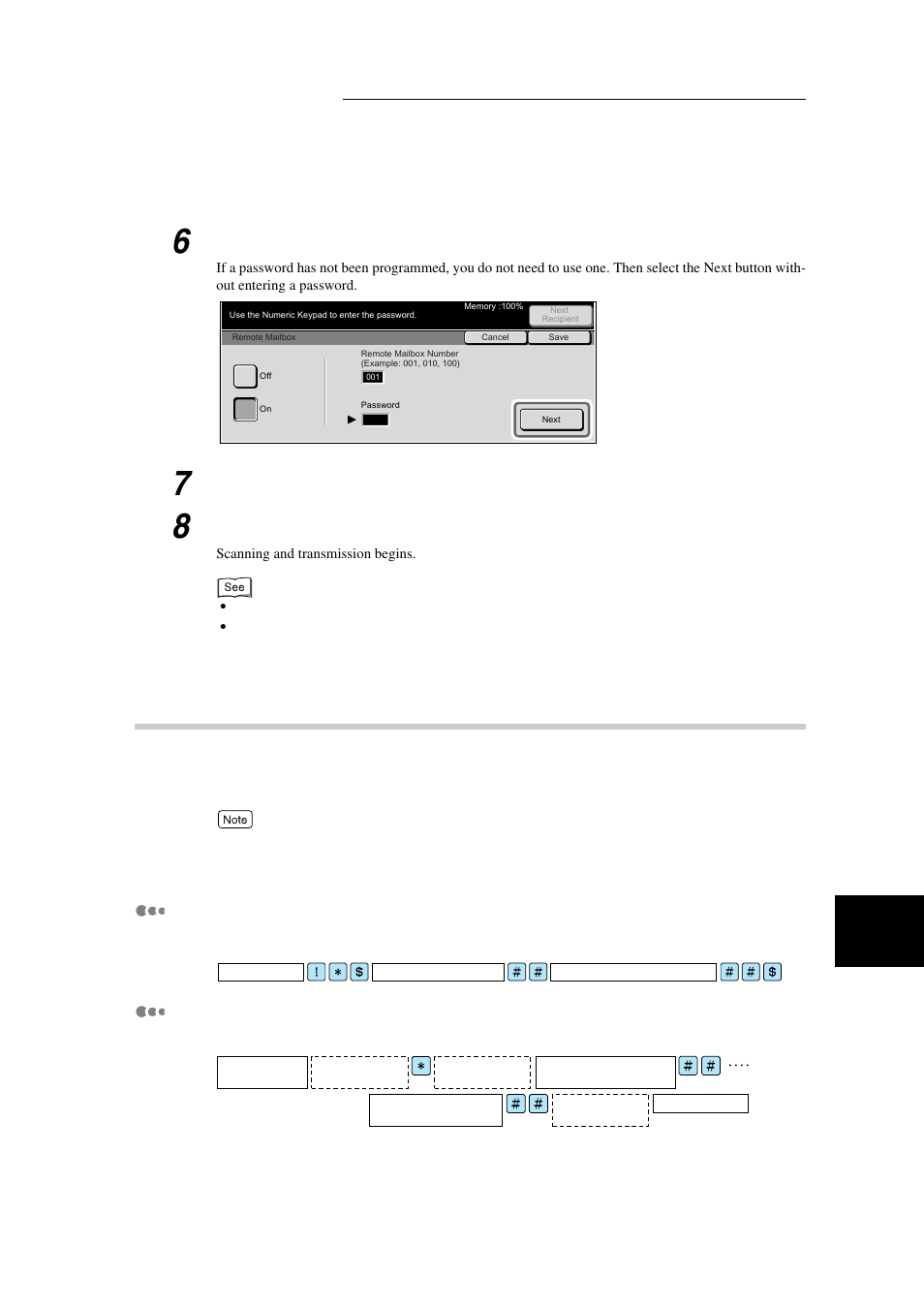 Send to mailbox (dtmf method), Sending to mailbox automatically, Sending to mailbox manually | Select save, Dial a remote party, then press start | Xerox WorkCentre M24-3946 User Manual | Page 145 / 332