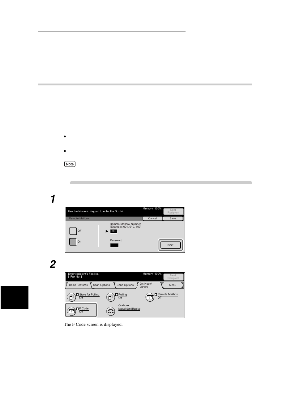 Retrieve from mailbox (f code method), Procedure, Display the fax screen | Select f code on the on-hook/others screen | Xerox WorkCentre M24-3946 User Manual | Page 154 / 332