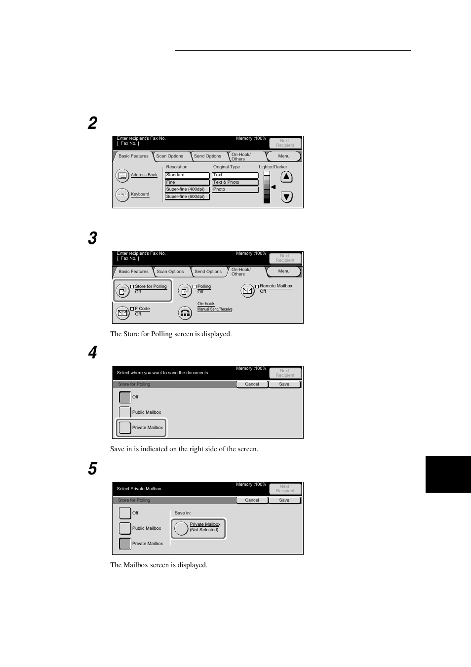 Display the fax screen, Select private mailbox, Select private mailbox in save in | Xerox WorkCentre M24-3946 User Manual | Page 157 / 332