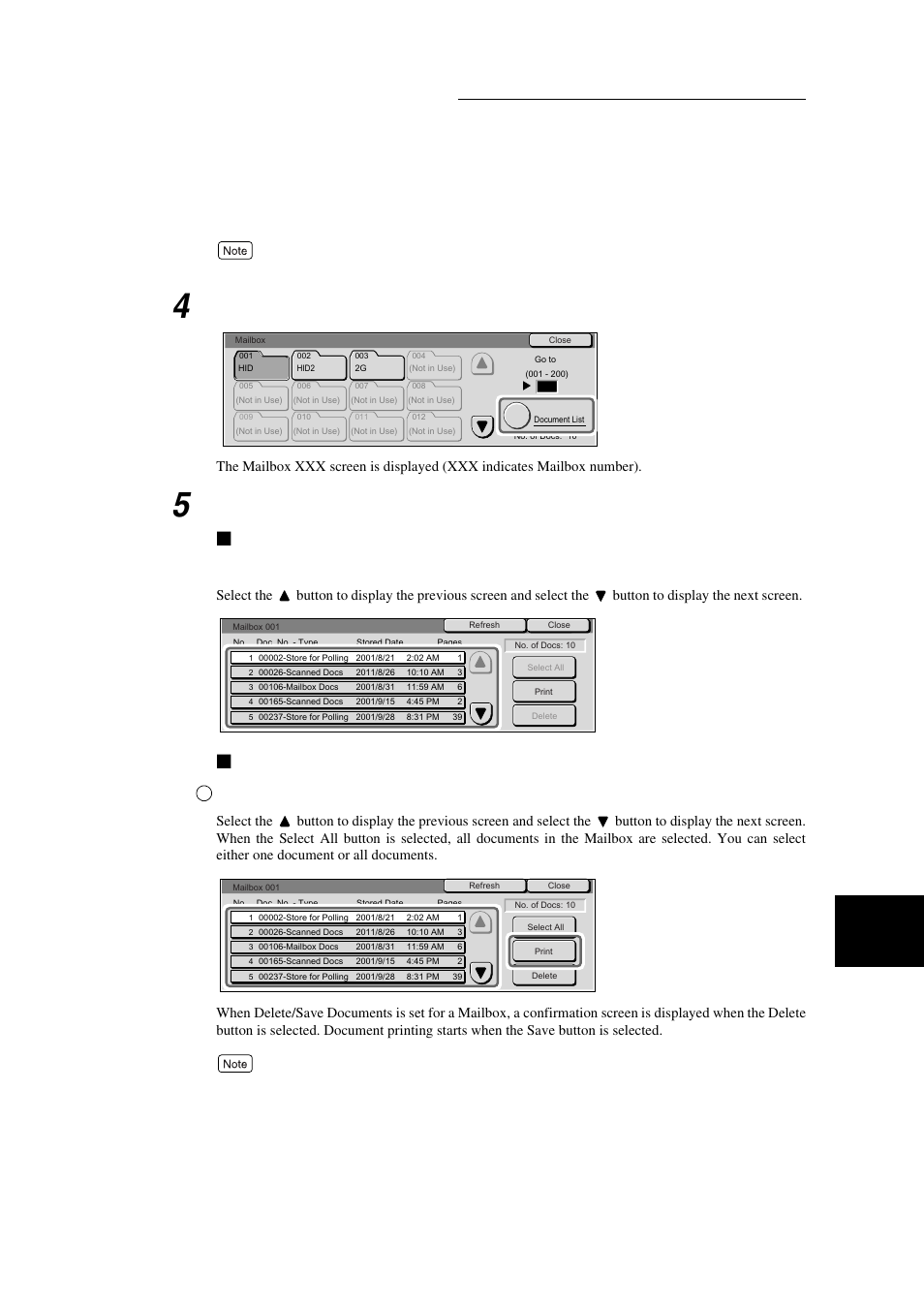 When checking a document, When printing a document, Select document list | Select a document, Check the document, Select a document to be printed and select print | Xerox WorkCentre M24-3946 User Manual | Page 161 / 332