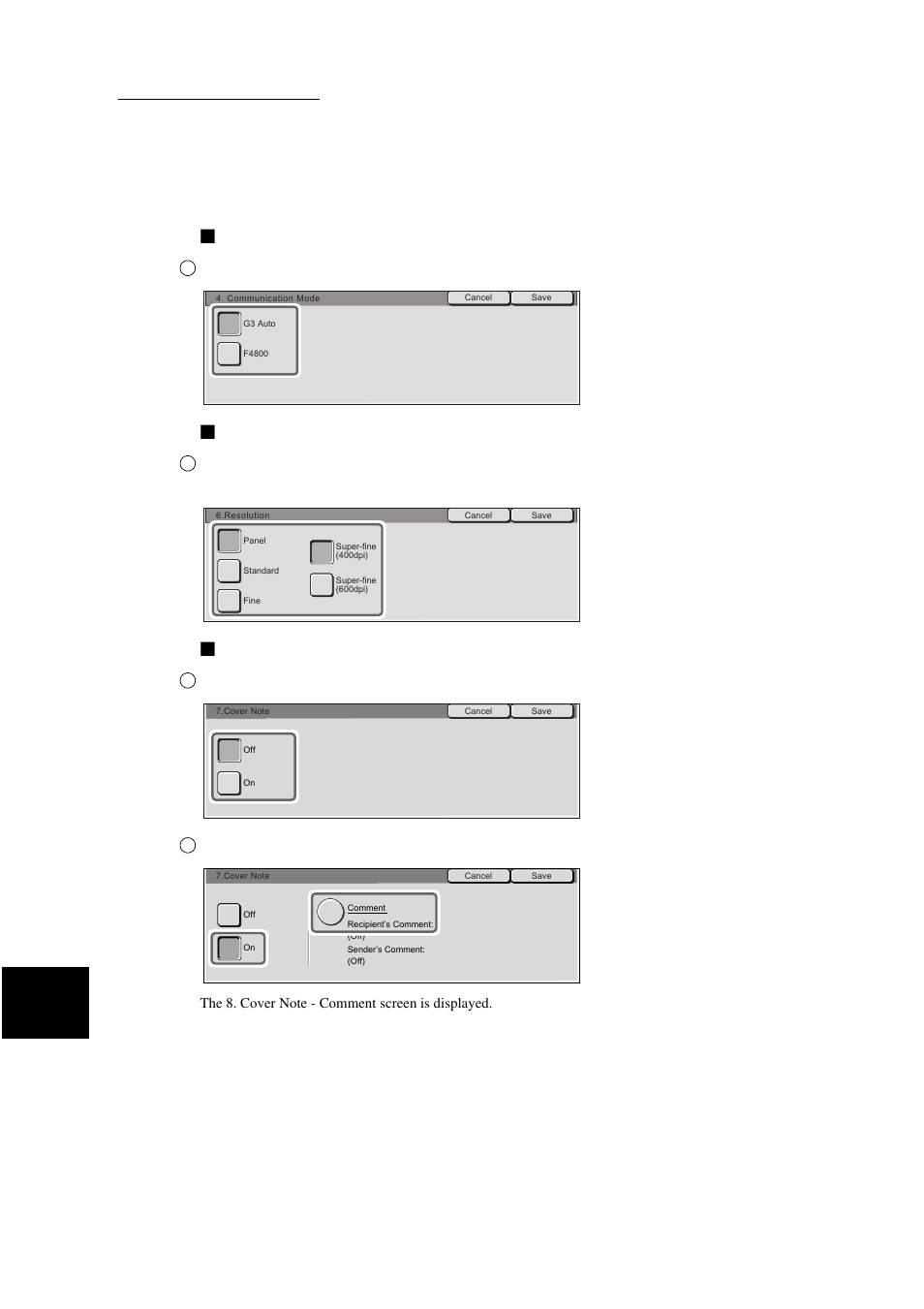 Communication mode, Resolution, Select g3 auto and select save | Xerox WorkCentre M24-3946 User Manual | Page 180 / 332