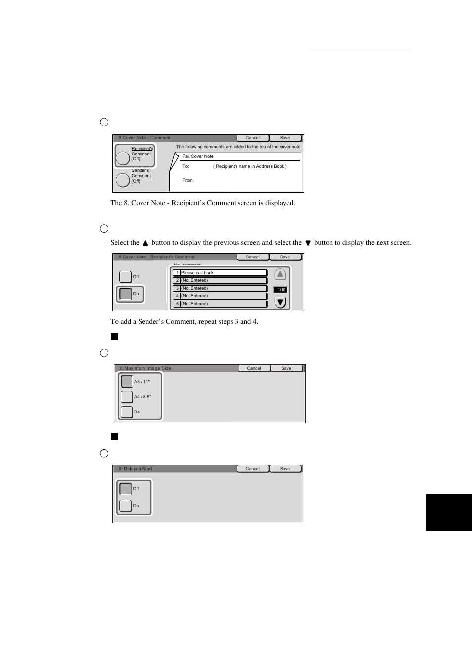 Maximum image size, Delayed start, Select recipient’s comment | Select on and select a comment from no. comment, Select off or on and select save | Xerox WorkCentre M24-3946 User Manual | Page 181 / 332