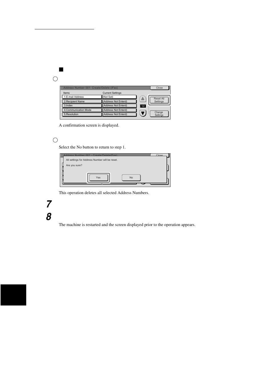 Deleting all entered items, Select reset all settings, Check screen information and select yes | Select close | Xerox WorkCentre M24-3946 User Manual | Page 192 / 332