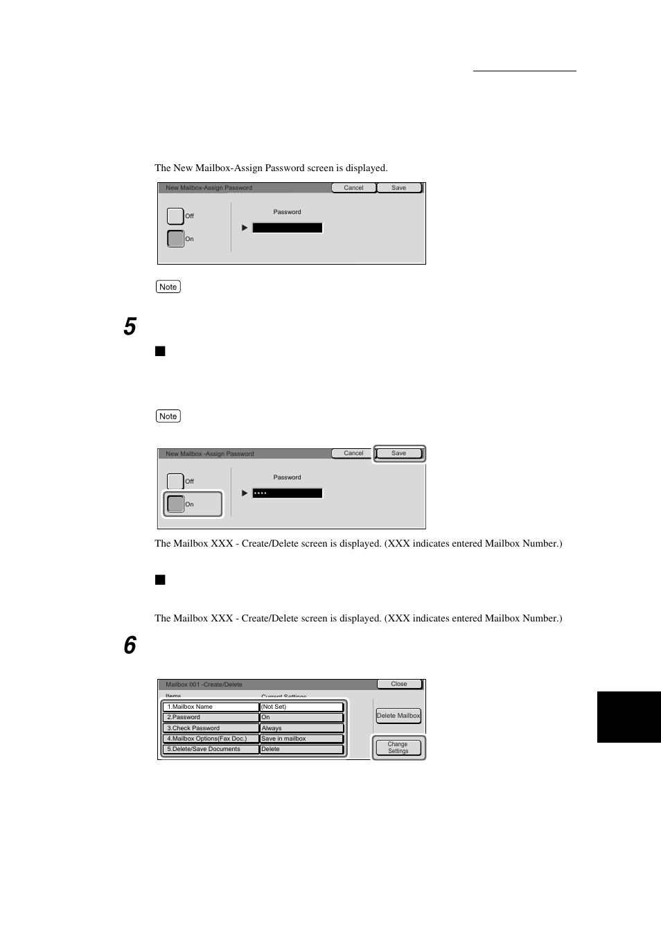 When a password is to be entered, When a password is not to be entered, Enter a password | Select off and select save | Xerox WorkCentre M24-3946 User Manual | Page 199 / 332