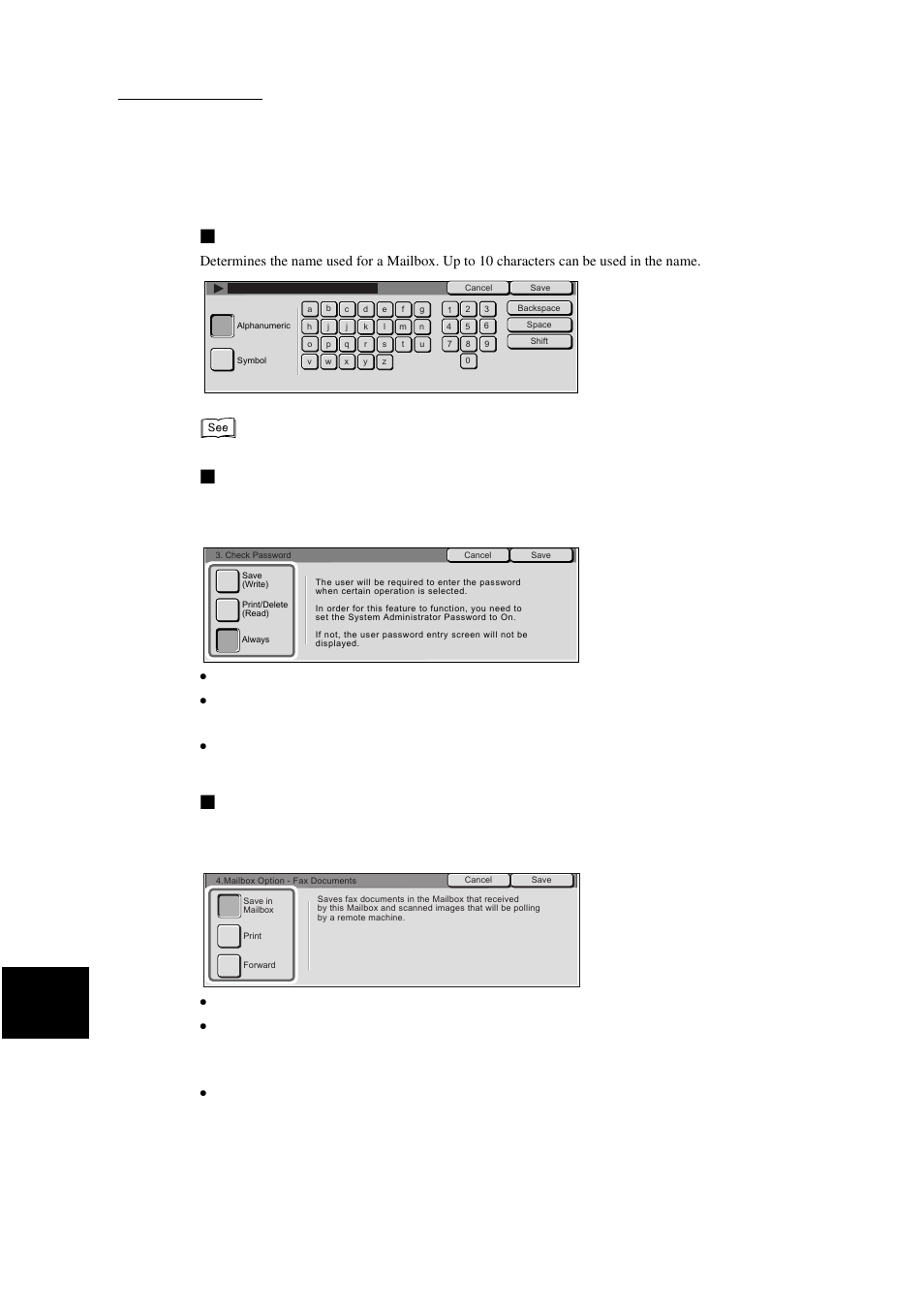 Mailbox name, Check password, Mailbox options (fax doc.) | Save in mailbox saves documents | Xerox WorkCentre M24-3946 User Manual | Page 200 / 332