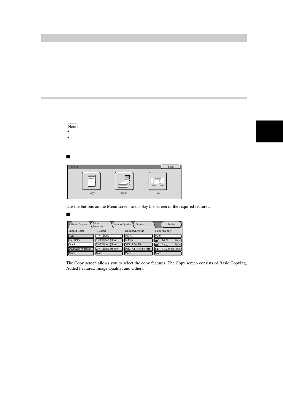 Using the touch panel display, Displaying copy, scan and fax screens | Xerox WorkCentre M24-3946 User Manual | Page 27 / 332