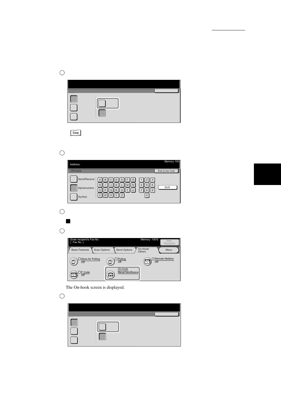 Transmitting documents on-hook, Select manual send, Dial the telephone number. go to step 5 | Tran sm itt ing, 5 manual send, The on-hook screen is displayed | Xerox WorkCentre M24-3946 User Manual | Page 57 / 332
