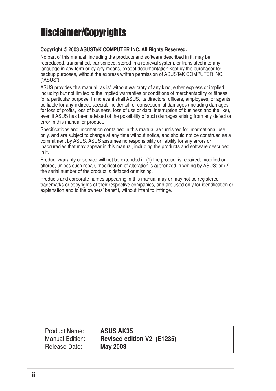 Disclaimer/copyrights | Asus 5U Tower Chassis Kit AK35 User Manual | Page 2 / 46