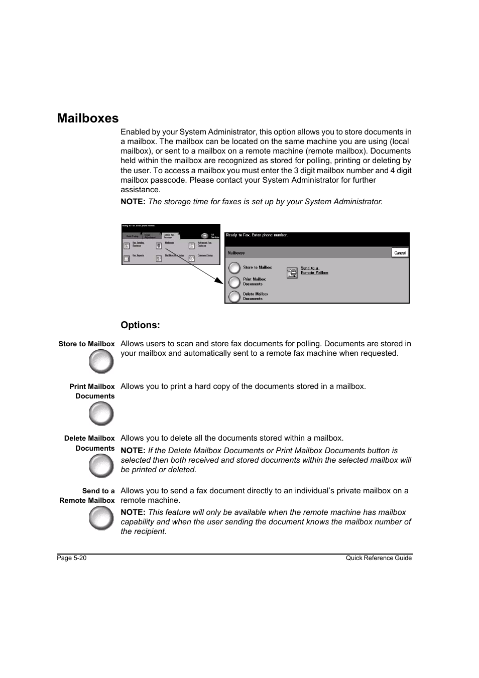 Mailboxes, Mailboxes -20, Options | Xerox WorkCentre M165-M175-3093 User Manual | Page 100 / 196