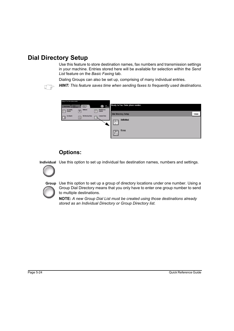 Dial directory setup, Options, Dial directory setup -24 | Xerox WorkCentre M165-M175-3093 User Manual | Page 104 / 196