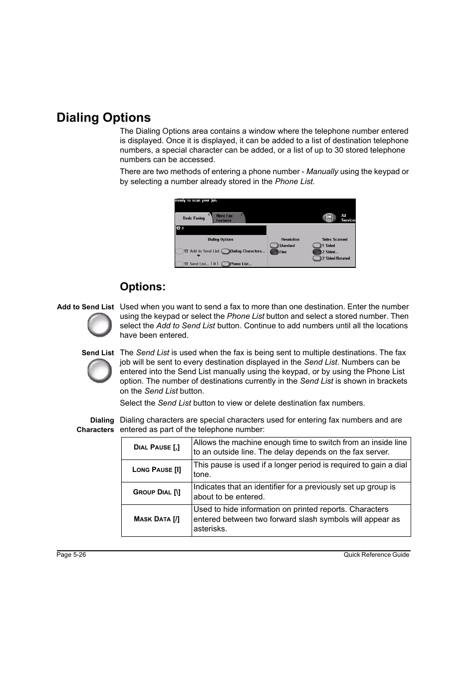 Dialing options, Options, Dialing options -26 | Xerox WorkCentre M165-M175-3093 User Manual | Page 106 / 196