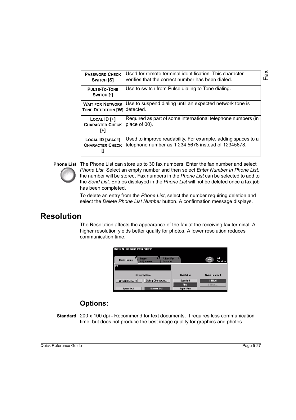 Resolution, Options, Resolution -27 | Fa x | Xerox WorkCentre M165-M175-3093 User Manual | Page 107 / 196