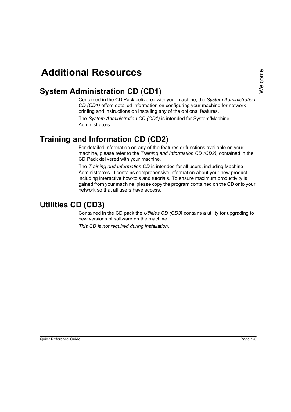 Additional resources, System administration cd (cd1), Training and information cd (cd2) | Utilities cd (cd3), Additional resources -3 | Xerox WorkCentre M165-M175-3093 User Manual | Page 11 / 196