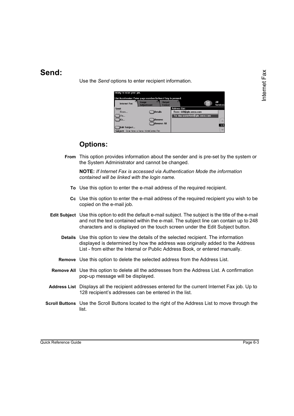 Send, Options, Send: -3 | Internet f ax | Xerox WorkCentre M165-M175-3093 User Manual | Page 117 / 196