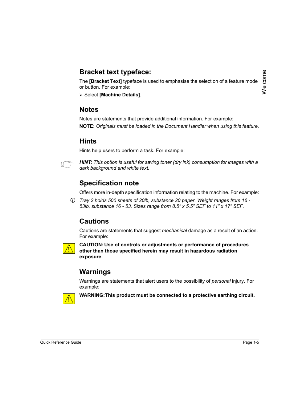 Bracket text typeface, Notes, Hints | Specification note, Cautions, Warnings | Xerox WorkCentre M165-M175-3093 User Manual | Page 13 / 196