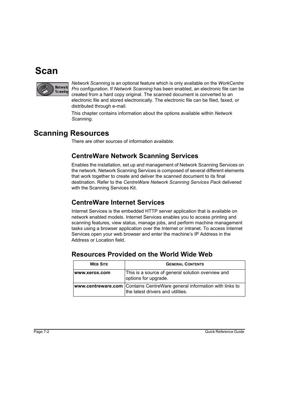 Scan, Scanning resources, Centreware network scanning services | Centreware internet services, Resources provided on the world wide web, Scan -2 scanning resources -2, Scan -2 | Xerox WorkCentre M165-M175-3093 User Manual | Page 132 / 196