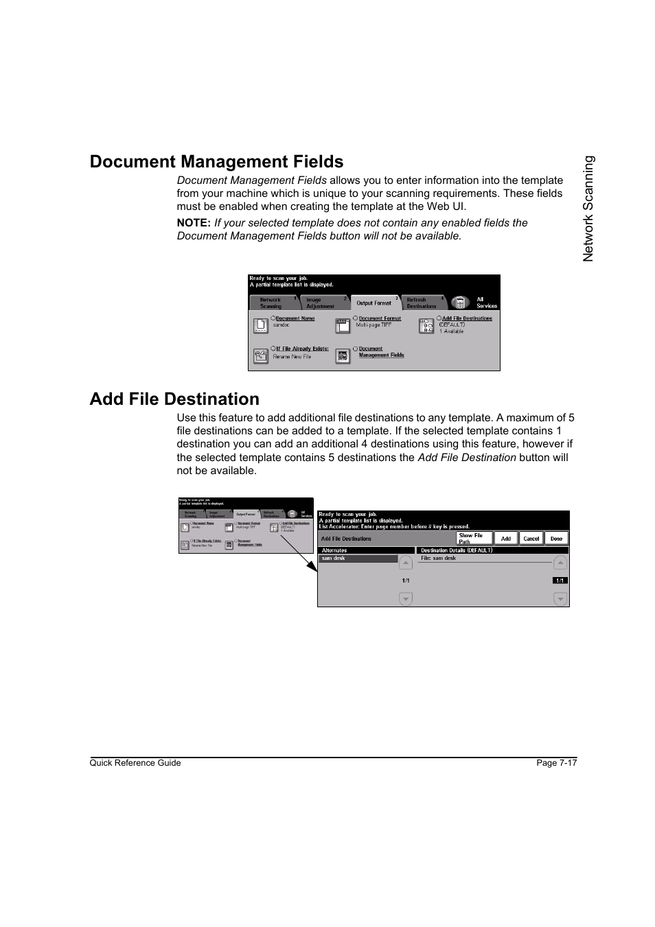 Document management fields, Add file destination | Xerox WorkCentre M165-M175-3093 User Manual | Page 147 / 196