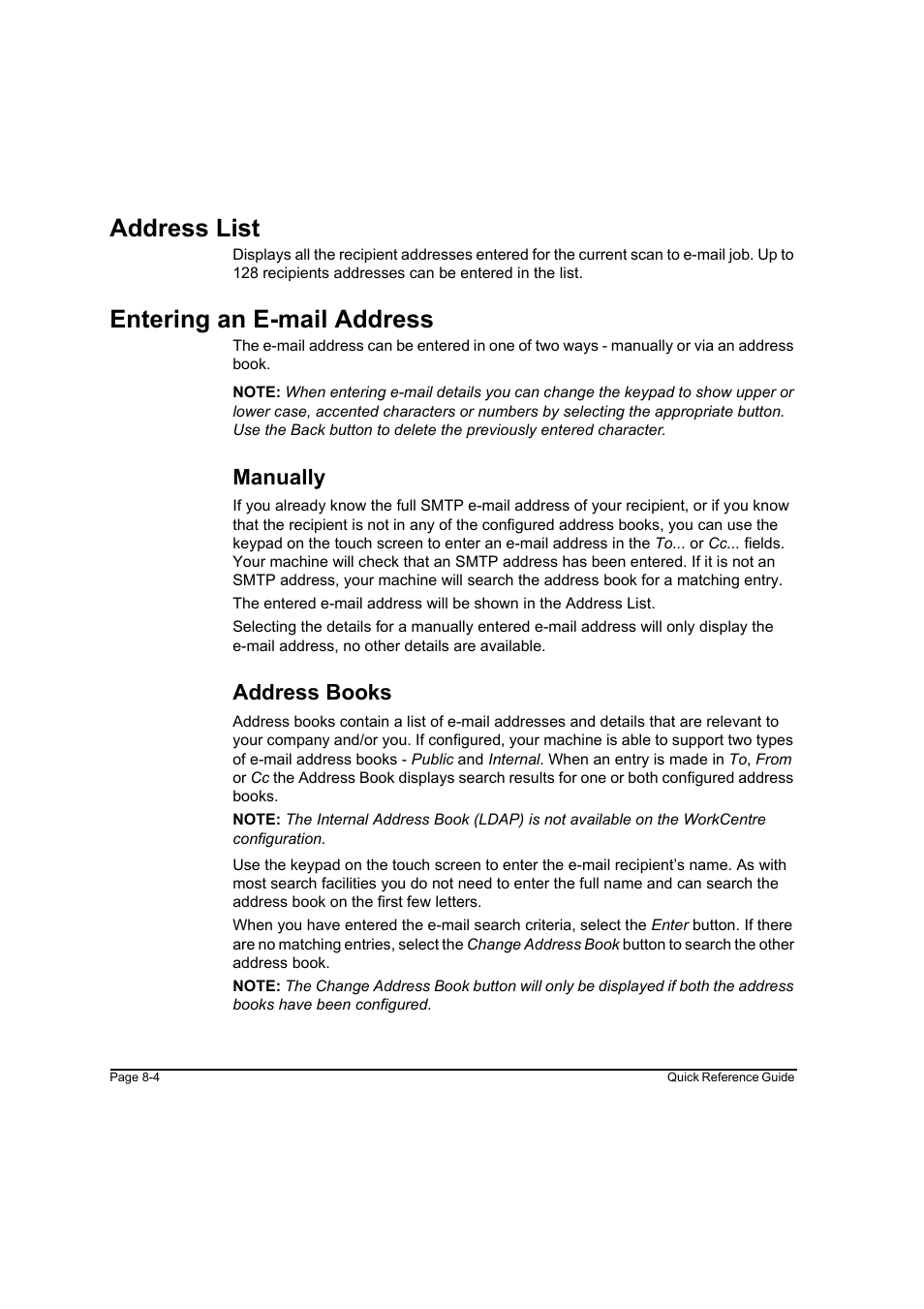 Address list, Entering an e-mail address, Manually | Address books, Address list -4 entering an e-mail address -4 | Xerox WorkCentre M165-M175-3093 User Manual | Page 154 / 196