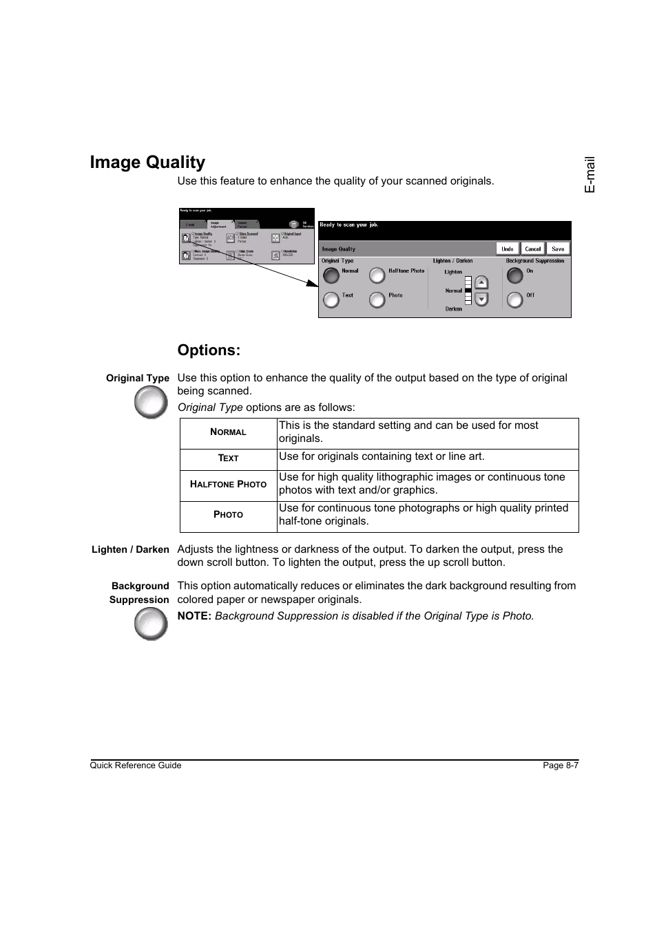 Image quality, Options, Image quality -7 | E- mai l | Xerox WorkCentre M165-M175-3093 User Manual | Page 157 / 196