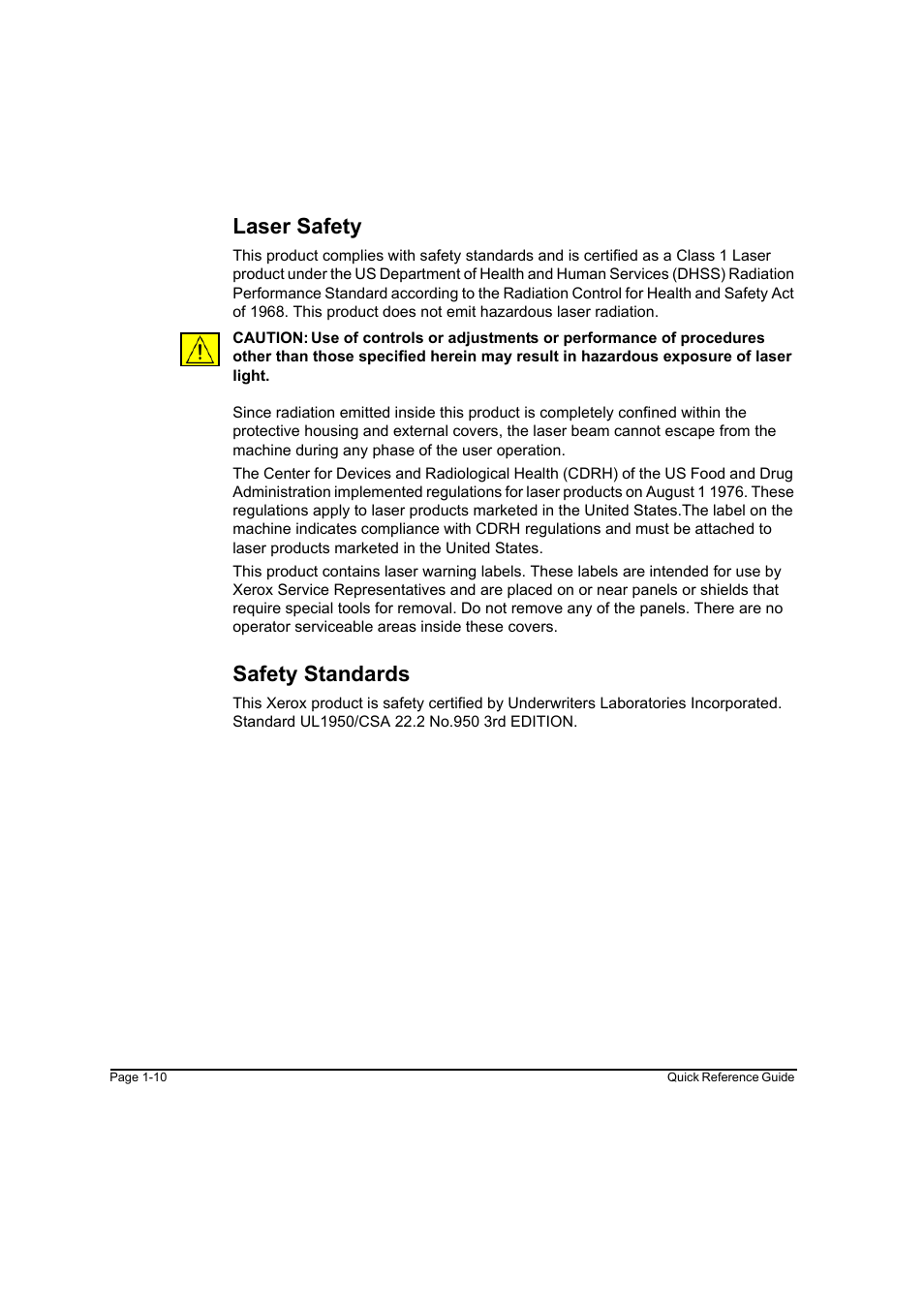 Laser safety, Safety standards | Xerox WorkCentre M165-M175-3093 User Manual | Page 18 / 196