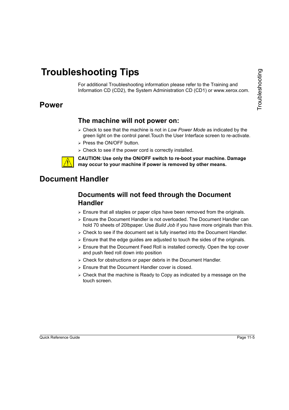 Troubleshooting tips, Power, The machine will not power on | Document handler, Troubleshooting tips -5 | Xerox WorkCentre M165-M175-3093 User Manual | Page 185 / 196