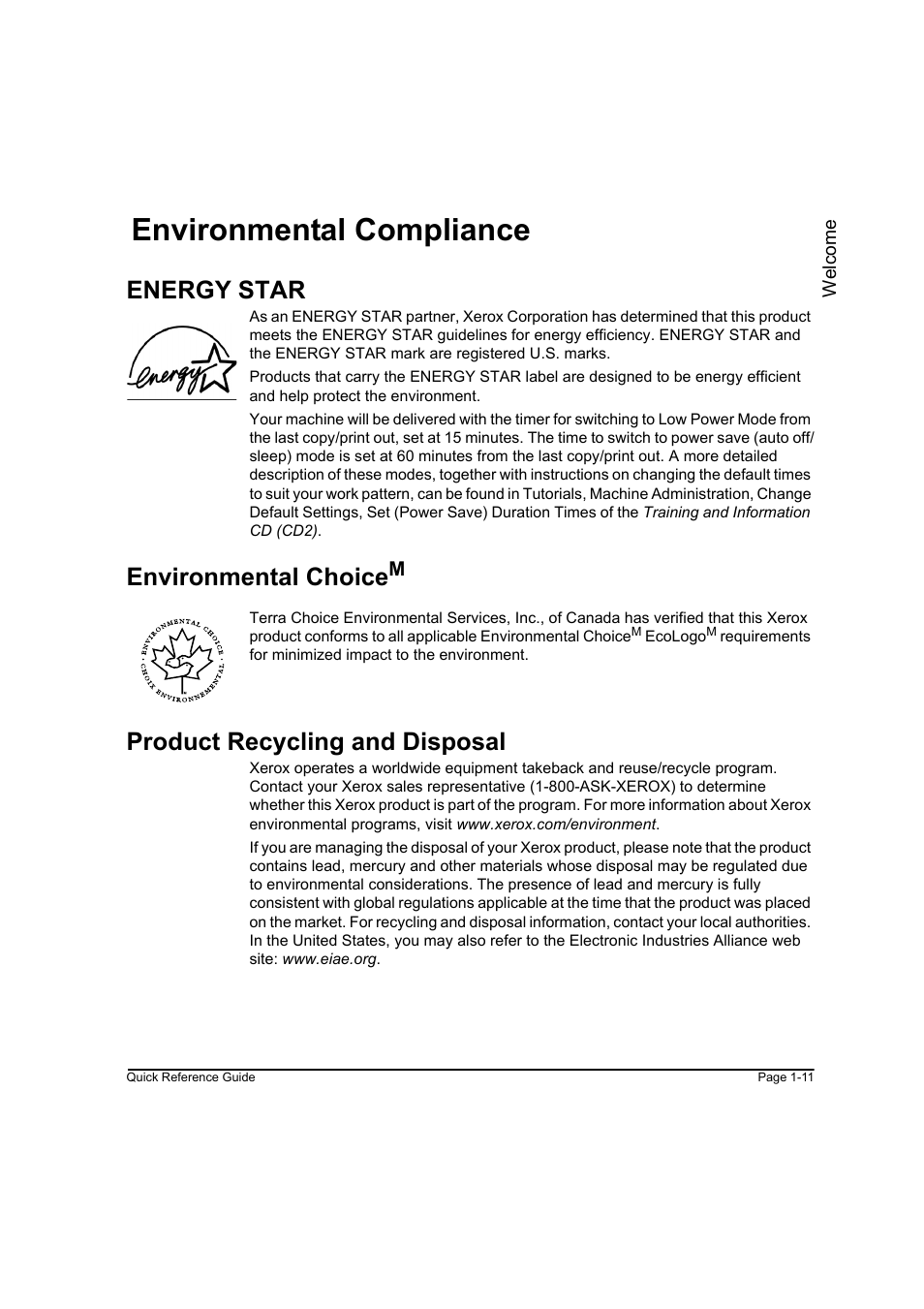 Environmental compliance, Energy star, Environmental choicem | Product recycling and disposal, Environmental compliance -11, Environmental choice | Xerox WorkCentre M165-M175-3093 User Manual | Page 19 / 196