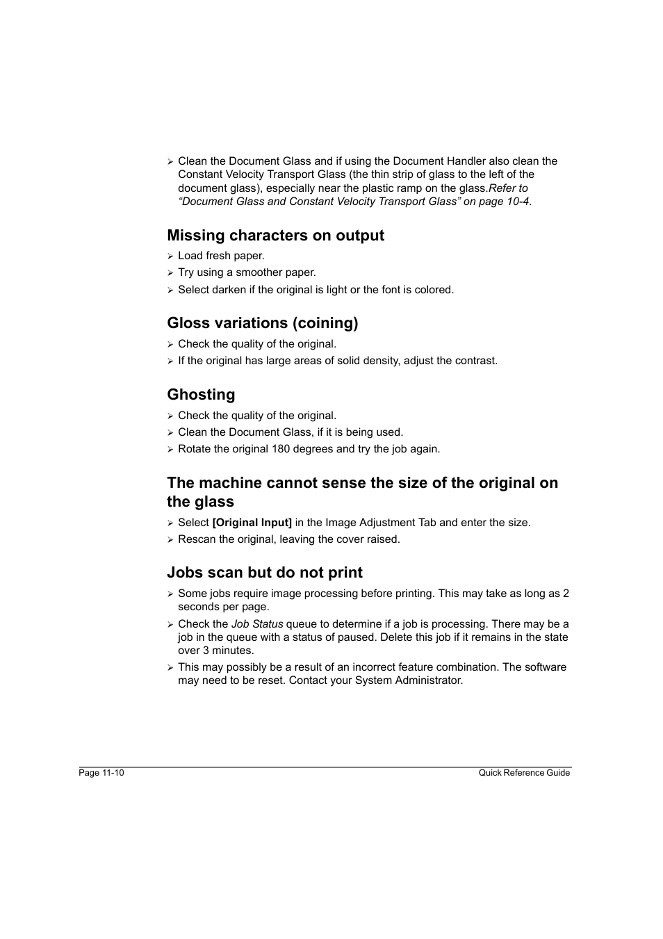 Missing characters on output, Gloss variations (coining), Ghosting | Jobs scan but do not print | Xerox WorkCentre M165-M175-3093 User Manual | Page 190 / 196