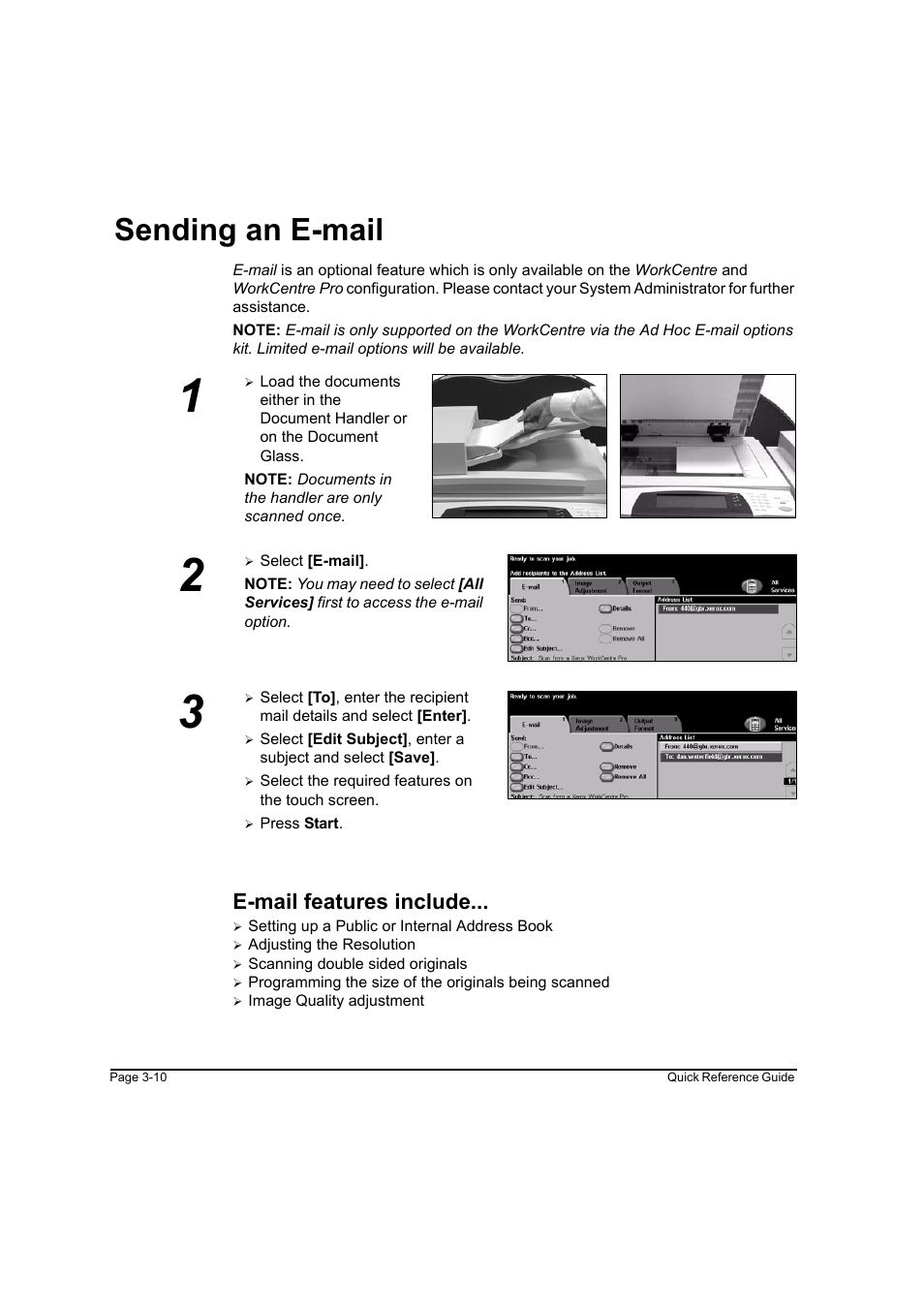 Sending an e-mail, E-mail features include, Sending an e-mail -10 | Xerox WorkCentre M165-M175-3093 User Manual | Page 42 / 196