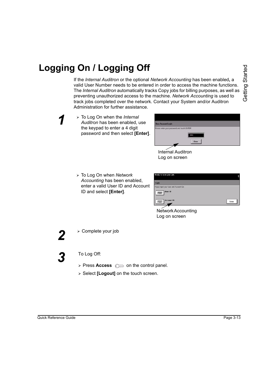 Logging on / logging off, Logging on / logging off -13 | Xerox WorkCentre M165-M175-3093 User Manual | Page 45 / 196