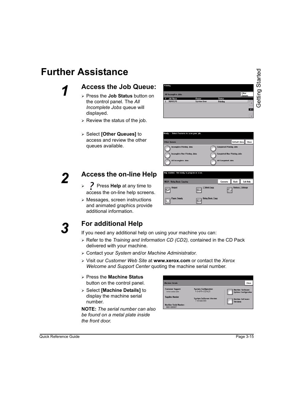 Further assistance, Access the job queue, Access the on-line help | Further assistance -15, For additional help | Xerox WorkCentre M165-M175-3093 User Manual | Page 47 / 196