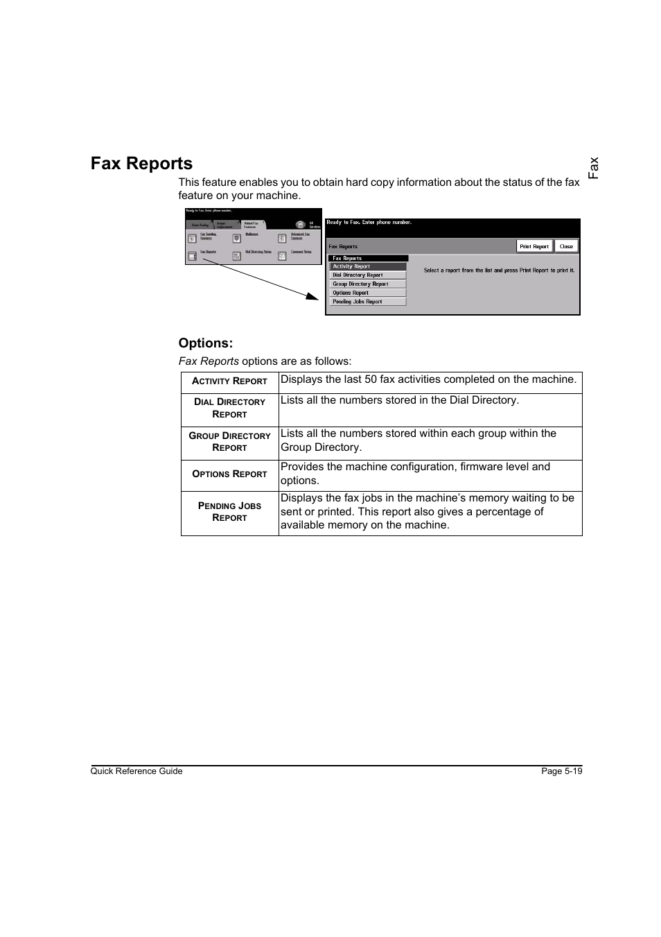 Fax reports, Fax reports -19, Fa x | Options | Xerox WorkCentre M165-M175-3093 User Manual | Page 99 / 196