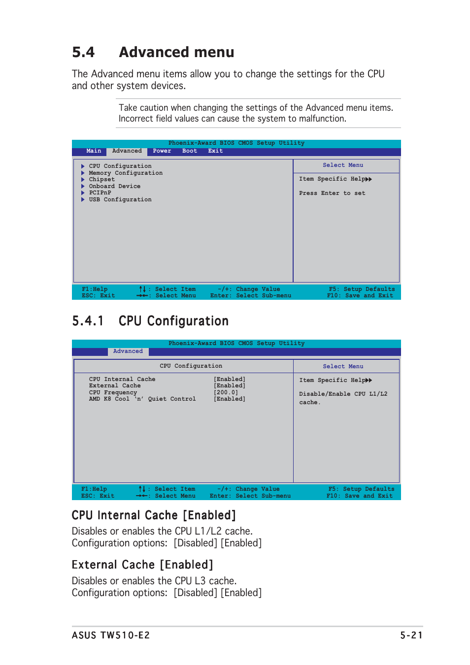 4 advanced menu, Cpu internal cache [enabled, External cache [enabled | Asus TW510-E2 User Manual | Page 101 / 162