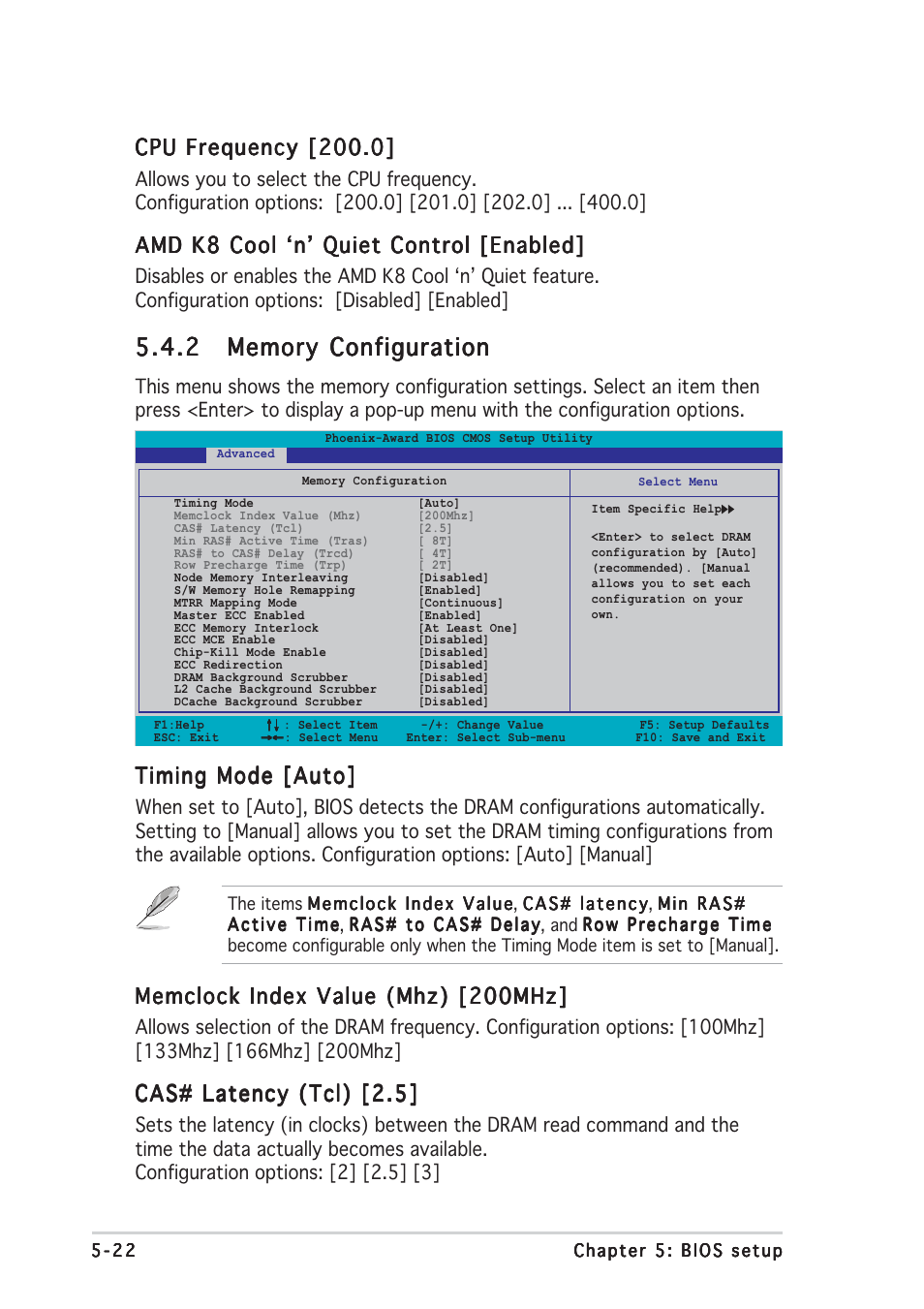 Timing mode [auto, Memclock index value (mhz) [200mhz, Cas# latency (tcl) [2.5 | Cpu frequency [200.0, Amd k8 cool ‘n’ quiet control [enabled | Asus TW510-E2 User Manual | Page 102 / 162