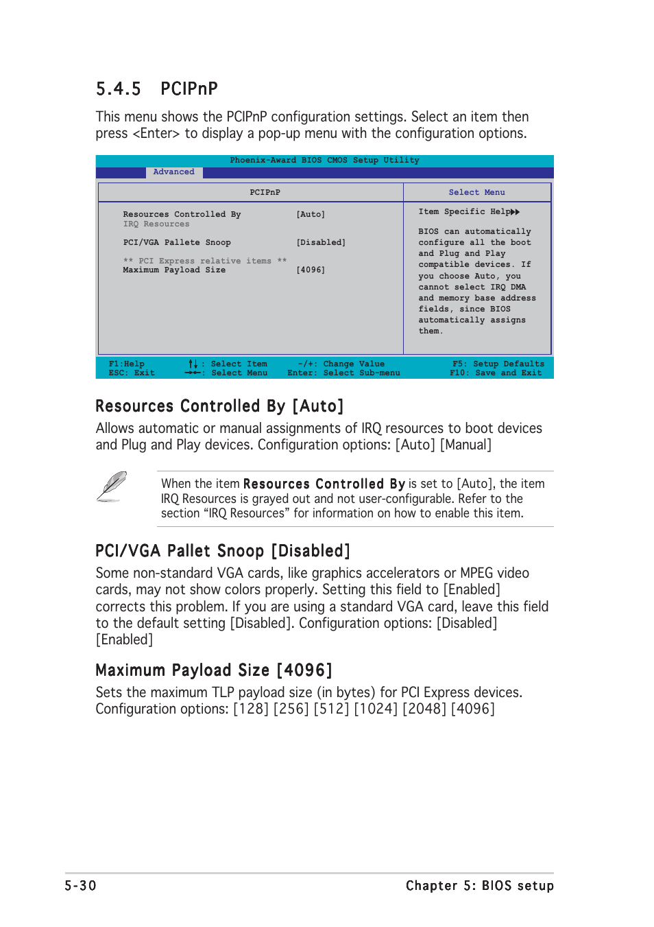 5 pcipnp pcipnp pcipnp pcipnp pcipnp, Resources controlled by [auto, Pci/vga pallet snoop [disabled | Maximum payload size [4096 | Asus TW510-E2 User Manual | Page 110 / 162