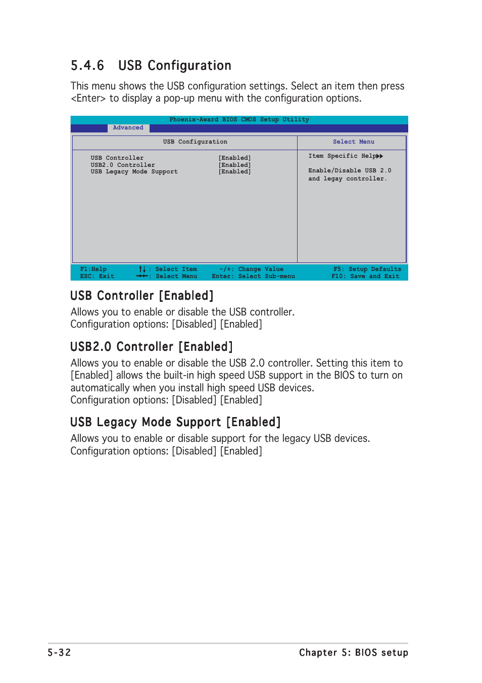 Usb controller [enabled, Usb2.0 controller [enabled, Usb legacy mode support [enabled | Asus TW510-E2 User Manual | Page 112 / 162