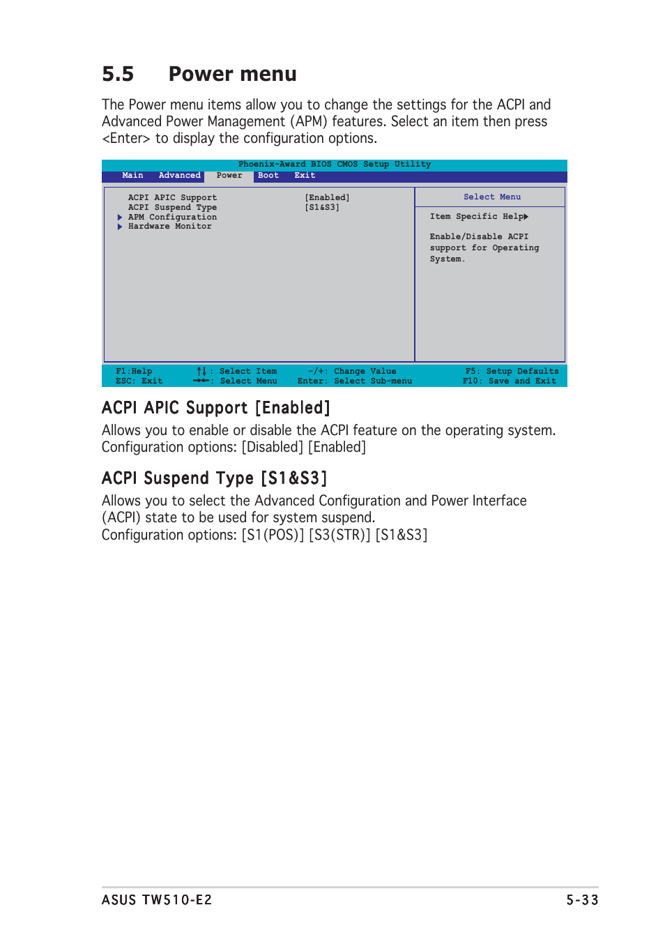 5 power menu, Acpi apic support [enabled, Acpi suspend type [s1&s3 | Asus TW510-E2 User Manual | Page 113 / 162