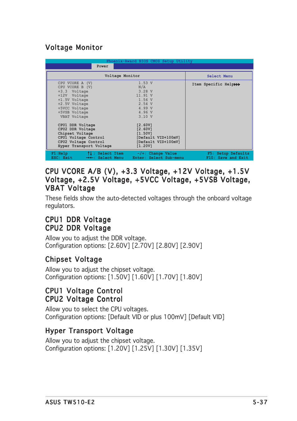 Voltage monitor, Cpu1 ddr voltage, Chipset voltage | Cpu1 voltage control, Hyper transport voltage | Asus TW510-E2 User Manual | Page 117 / 162