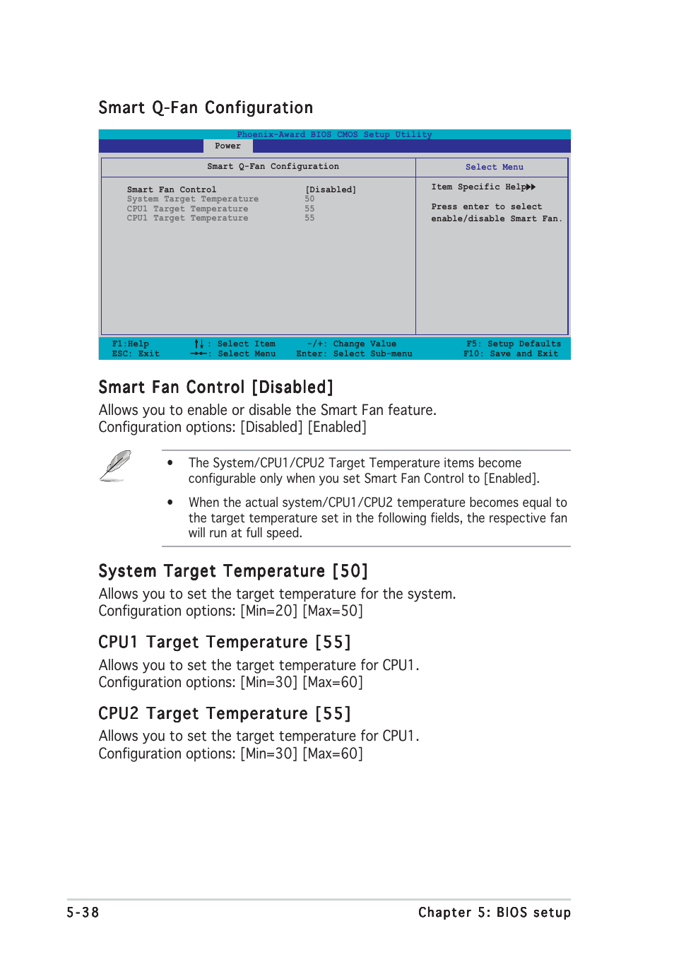 Smart q-fan configuration, System target temperature [50, Cpu1 target temperature [55 | Cpu2 target temperature [55 | Asus TW510-E2 User Manual | Page 118 / 162