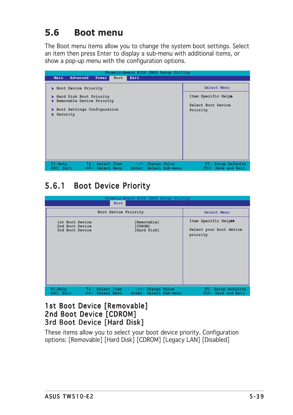 6 boot menu, 1st boot device [removable | Asus TW510-E2 User Manual | Page 119 / 162