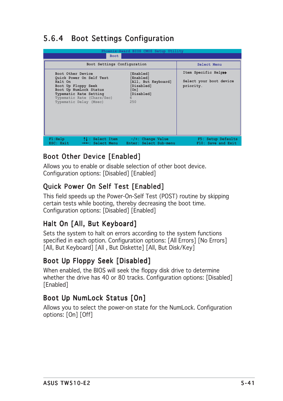 Boot other device [enabled, Quick power on self test [enabled, Halt on [all, but keyboard | Boot up floppy seek [disabled, Boot up numlock status [on | Asus TW510-E2 User Manual | Page 121 / 162