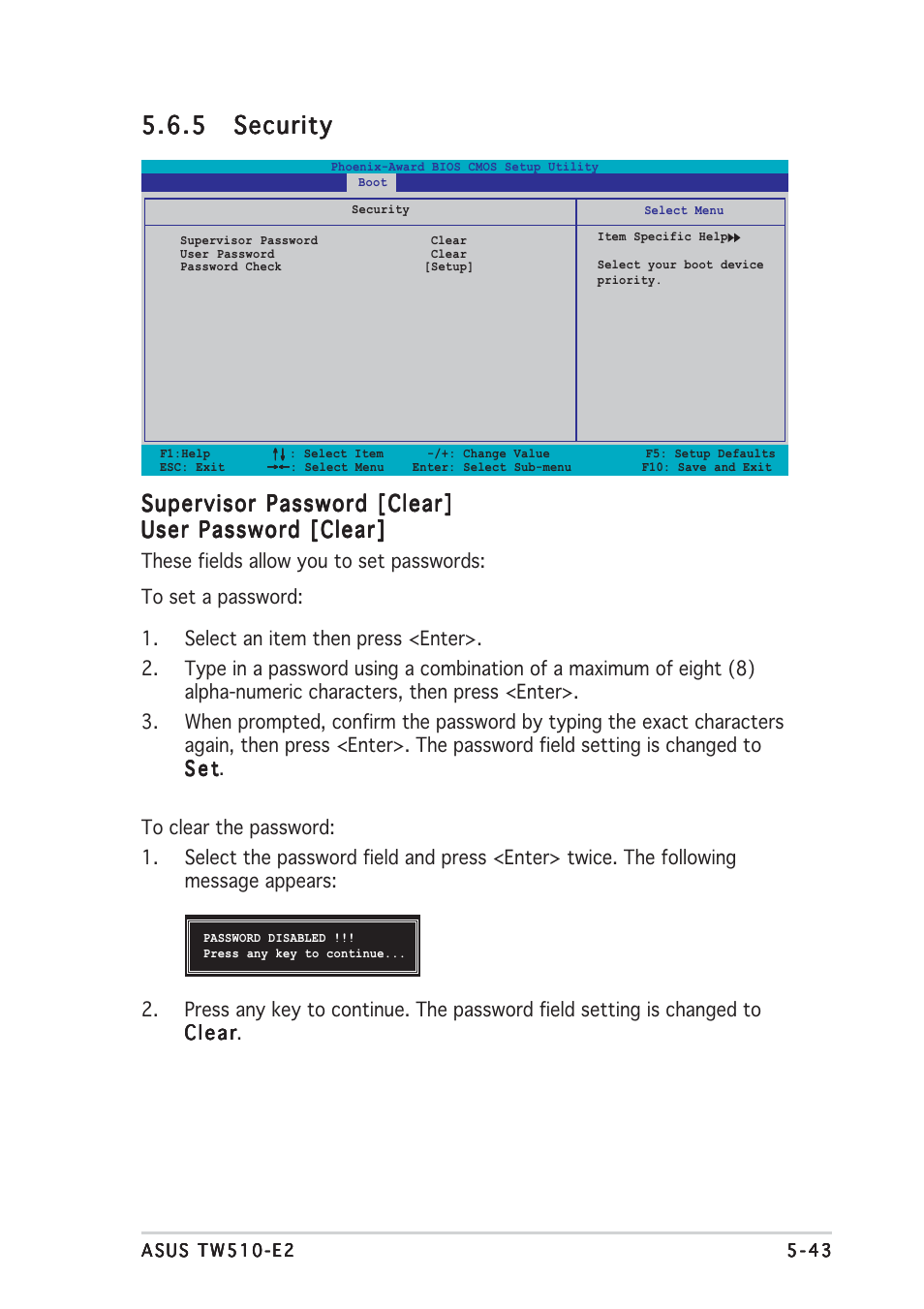 5 security security security security security, Supervisor password [clear | Asus TW510-E2 User Manual | Page 123 / 162