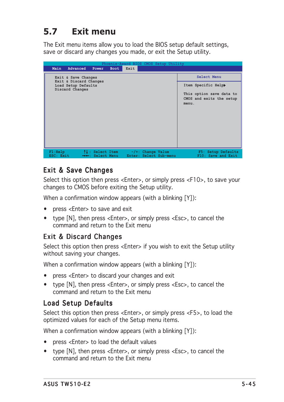 7 exit menu, Exit & save changes, Exit & discard changes | Load setup defaults | Asus TW510-E2 User Manual | Page 125 / 162