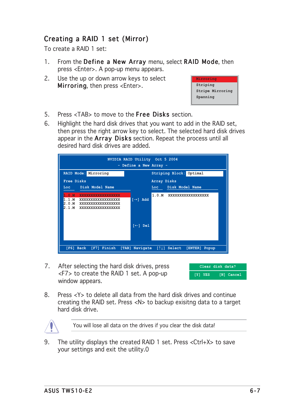 Creating a raid 1 set (mirror) | Asus TW510-E2 User Manual | Page 133 / 162