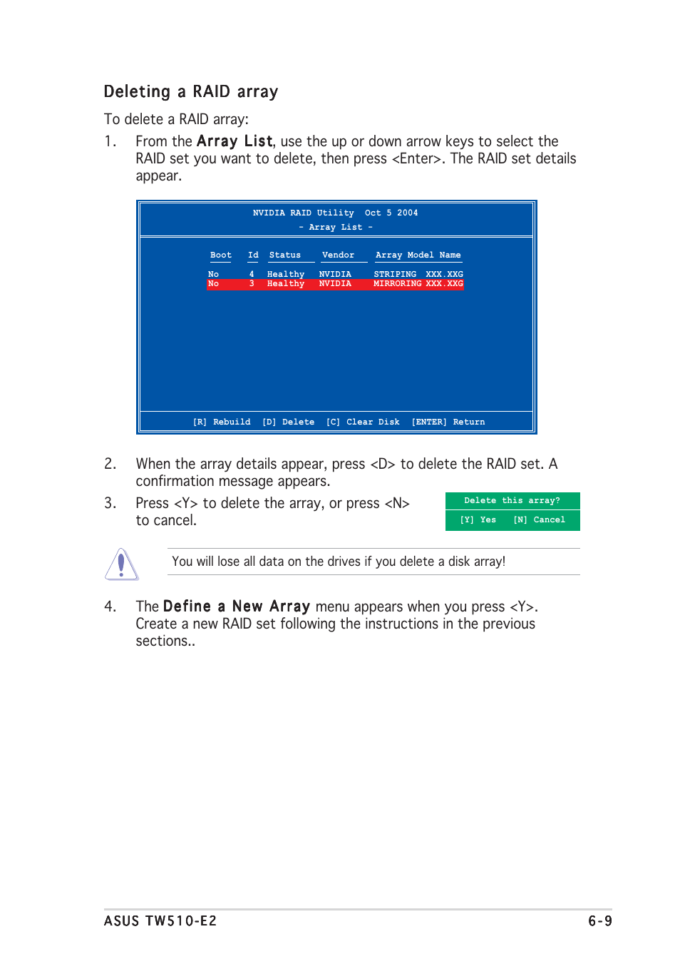 Deleting a raid array | Asus TW510-E2 User Manual | Page 135 / 162