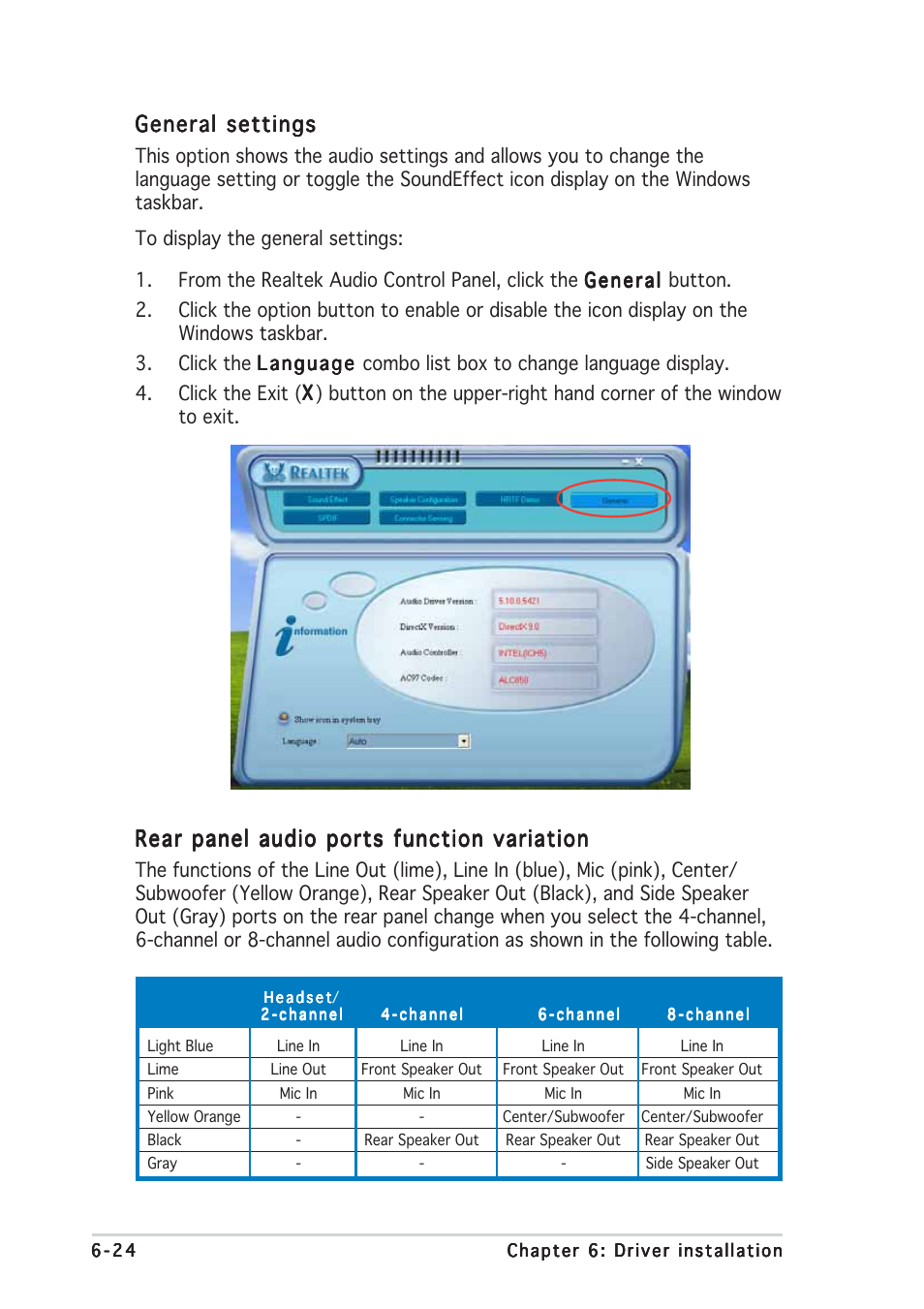 Rear panel audio ports function variation, General settings | Asus TW510-E2 User Manual | Page 150 / 162