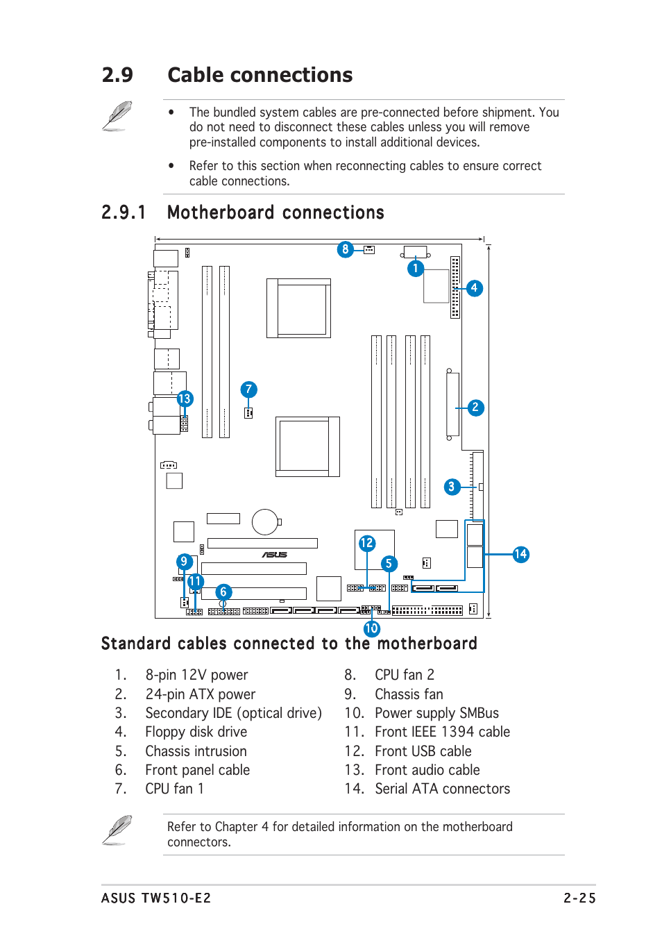 9 cable connections, Standard cables connected to the motherboard | Asus TW510-E2 User Manual | Page 43 / 162